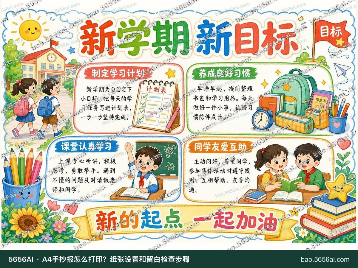 新学期·新目标彩色成品低清带水印预览，配套指南：A4手抄报怎么打印？纸张设置和留白检查步骤