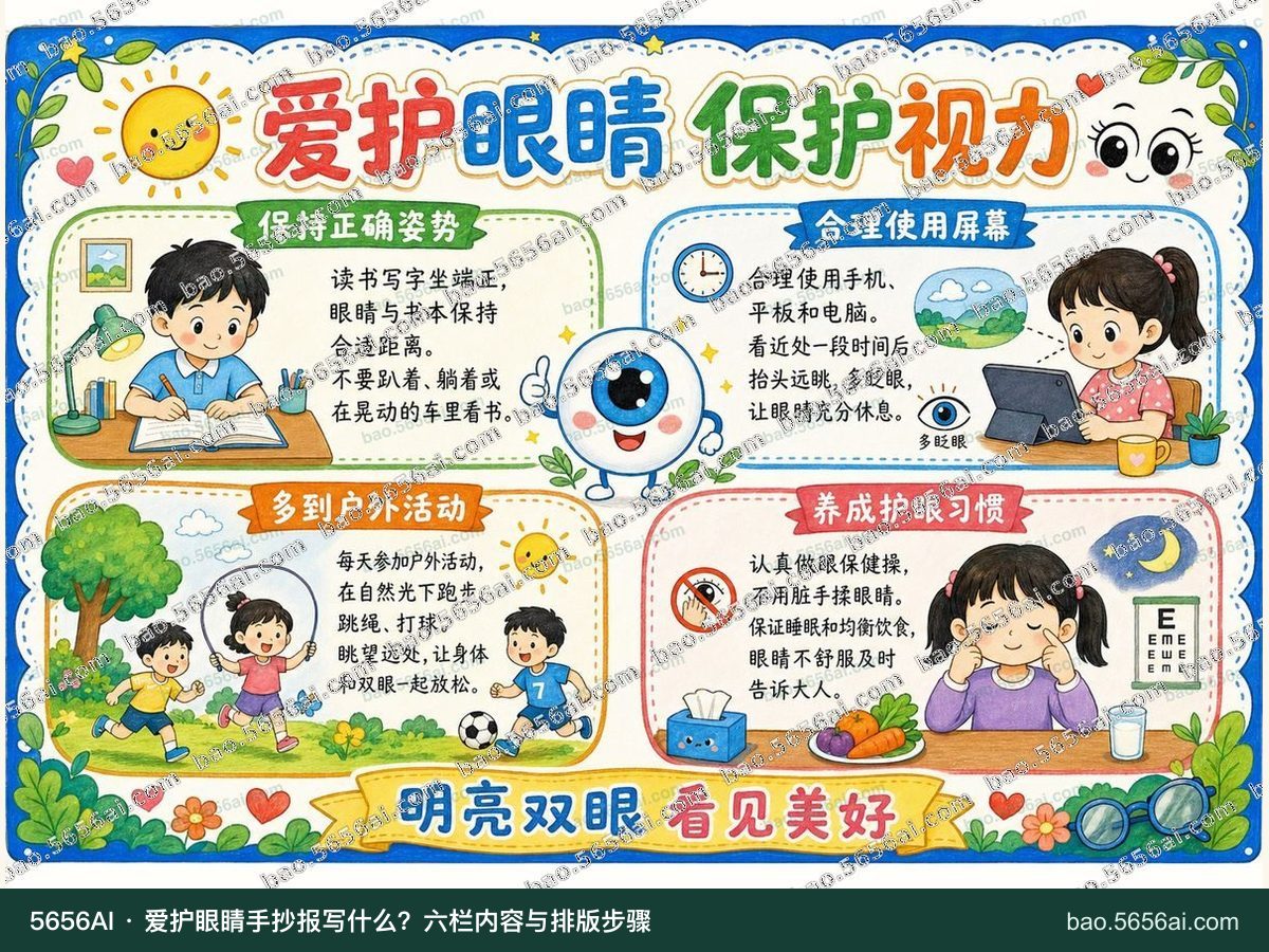 爱护眼睛·保护视力彩色成品低清带水印预览，配套指南：爱护眼睛手抄报写什么？六栏内容与排版步骤