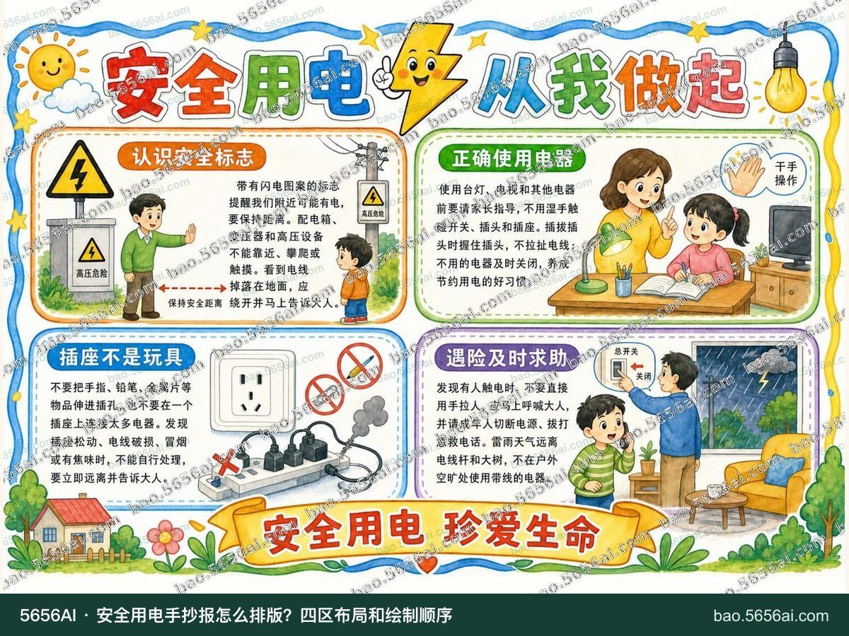 安全用电·从我做起彩色成品低清带水印预览，配套指南：安全用电手抄报怎么排版？四区布局和绘制顺序