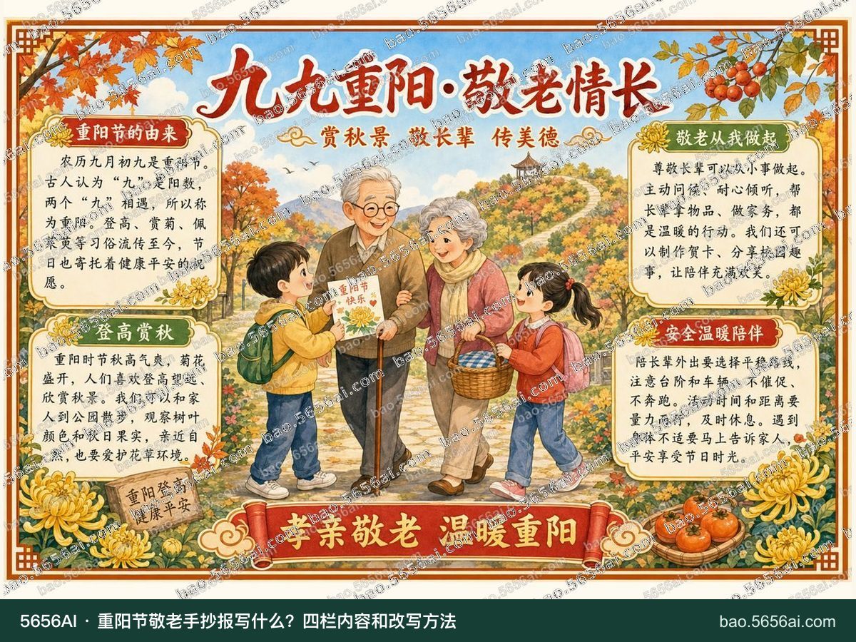 九九重阳·敬老情长彩色成品低清带水印预览,配套指南:重阳节敬老手抄报写什么?四栏内容和改写方法