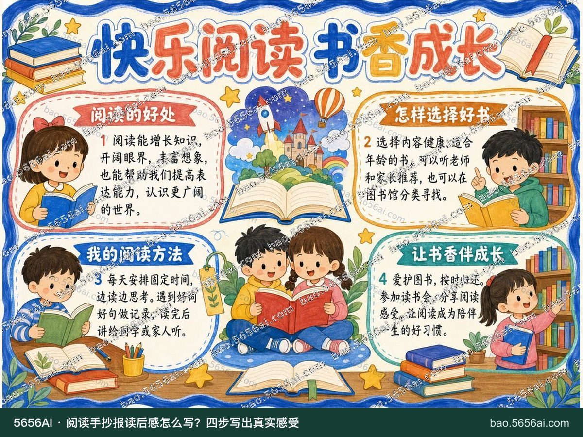 快乐阅读·书香成长彩色成品低清带水印预览，配套指南：阅读手抄报读后感怎么写？四步写出真实感受