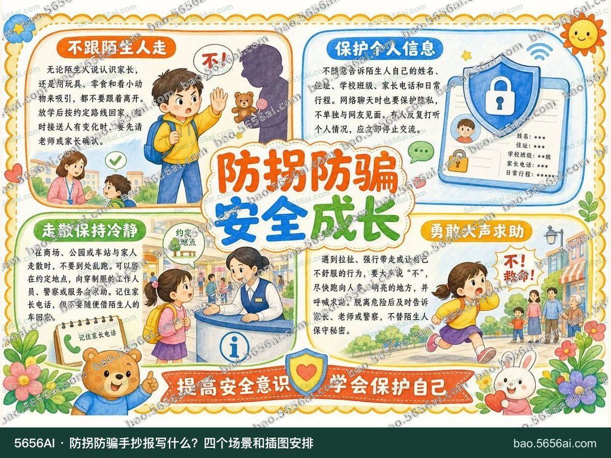 防拐防骗·安全成长彩色成品低清带水印预览，配套指南：防拐防骗手抄报写什么？四个场景和插图安排