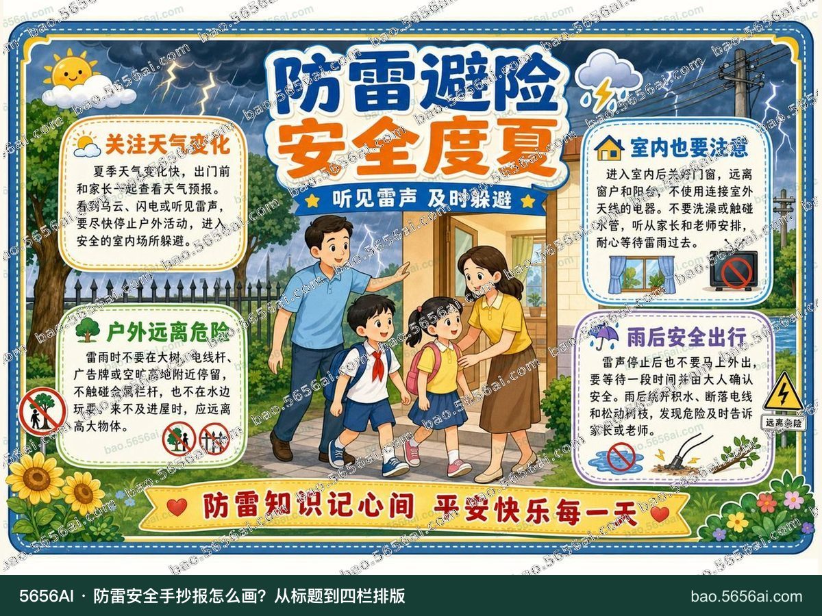 防雷避险·安全度夏彩色成品低清带水印预览，配套指南：防雷安全手抄报怎么画？从标题到四栏排版