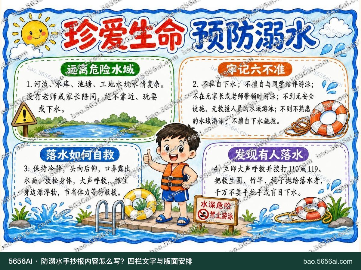 珍爱生命·预防溺水彩色成品低清带水印预览，配套指南：防溺水手抄报内容怎么写？四栏文字与版面安排