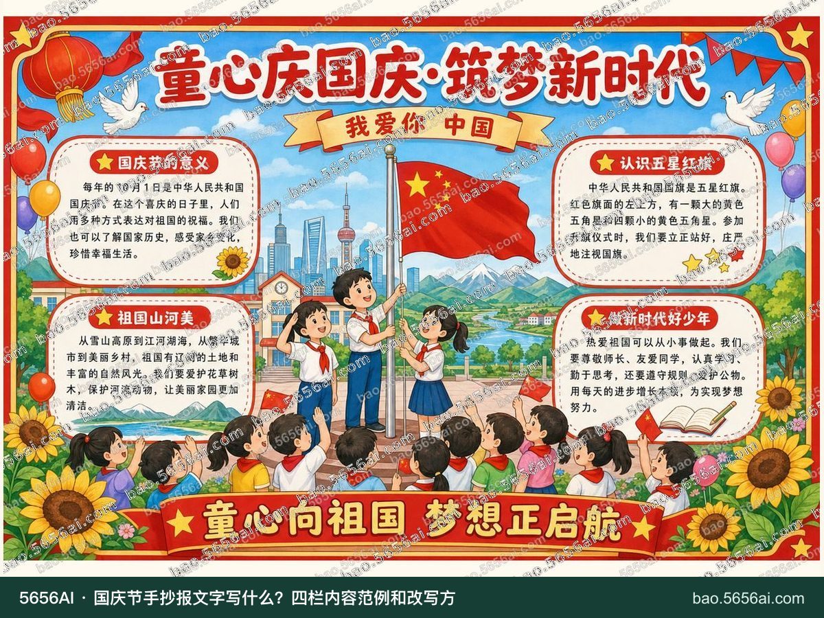 童心庆国庆·筑梦新时代彩色成品低清带水印预览，配套指南：国庆节手抄报文字写什么？四栏内容范例和改写方法
