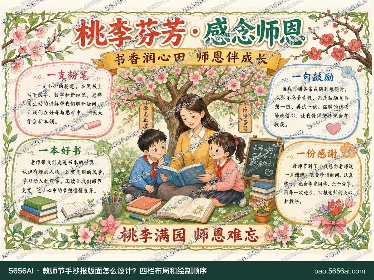 桃李芬芳·感念师恩彩色成品低清带水印预览，配套指南：教师节手抄报版面怎么设计？四栏布局和绘制顺序