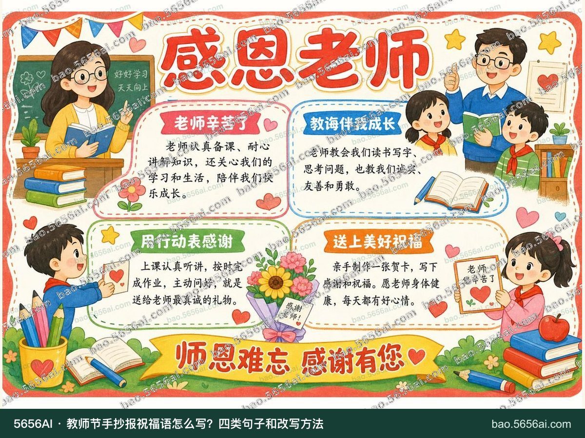 感恩老师·教师节彩色成品低清带水印预览,配套指南:教师节手抄报祝福语怎么写?四类句子和改写方法