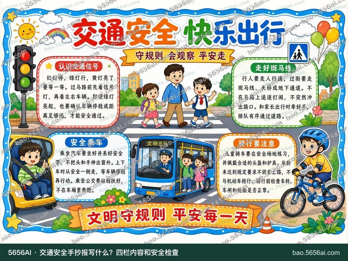 交通安全·快乐出行彩色成品低清带水印预览，配套指南：交通安全手抄报写什么？四栏内容和安全检查