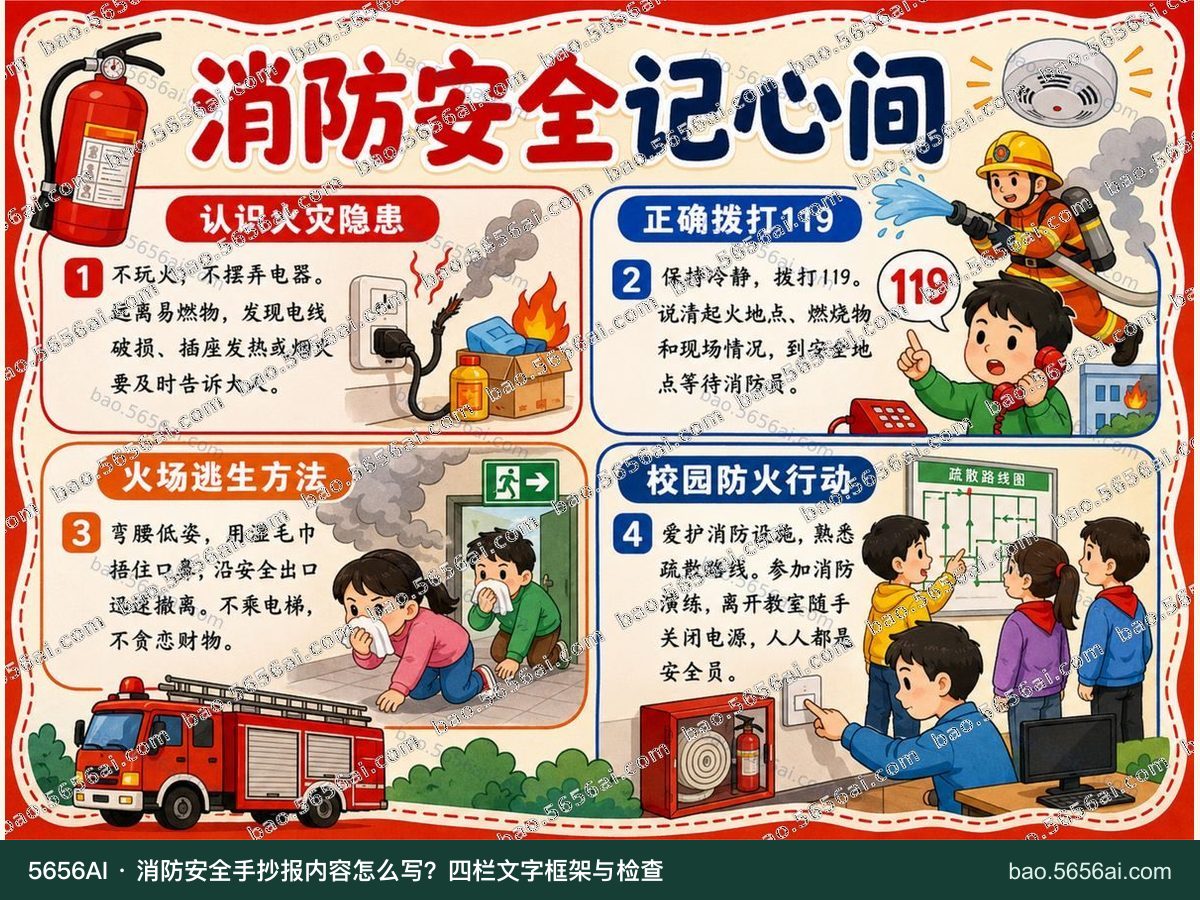 消防安全记心间彩色成品低清带水印预览，配套指南：消防安全手抄报内容怎么写？四栏文字框架与检查清单