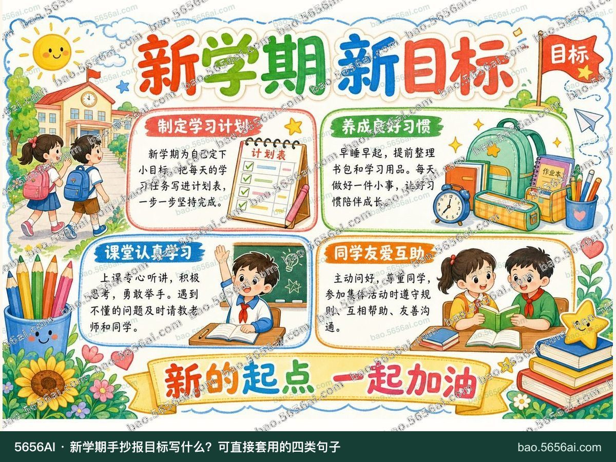 新学期·新目标彩色成品低清带水印预览，配套指南：新学期手抄报目标写什么？可直接套用的四类句子