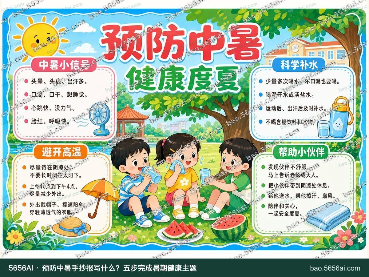 预防中暑·健康度夏彩色成品低清带水印预览，配套指南：预防中暑手抄报写什么？五步完成暑期健康主题
