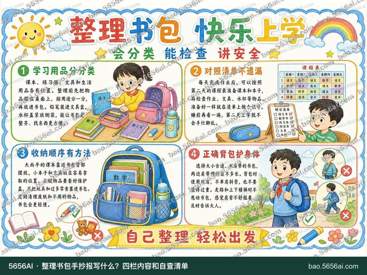 整理书包·快乐上学（三版本）彩色成品低清带水印预览，配套指南：整理书包手抄报写什么？四栏内容和自查清单
