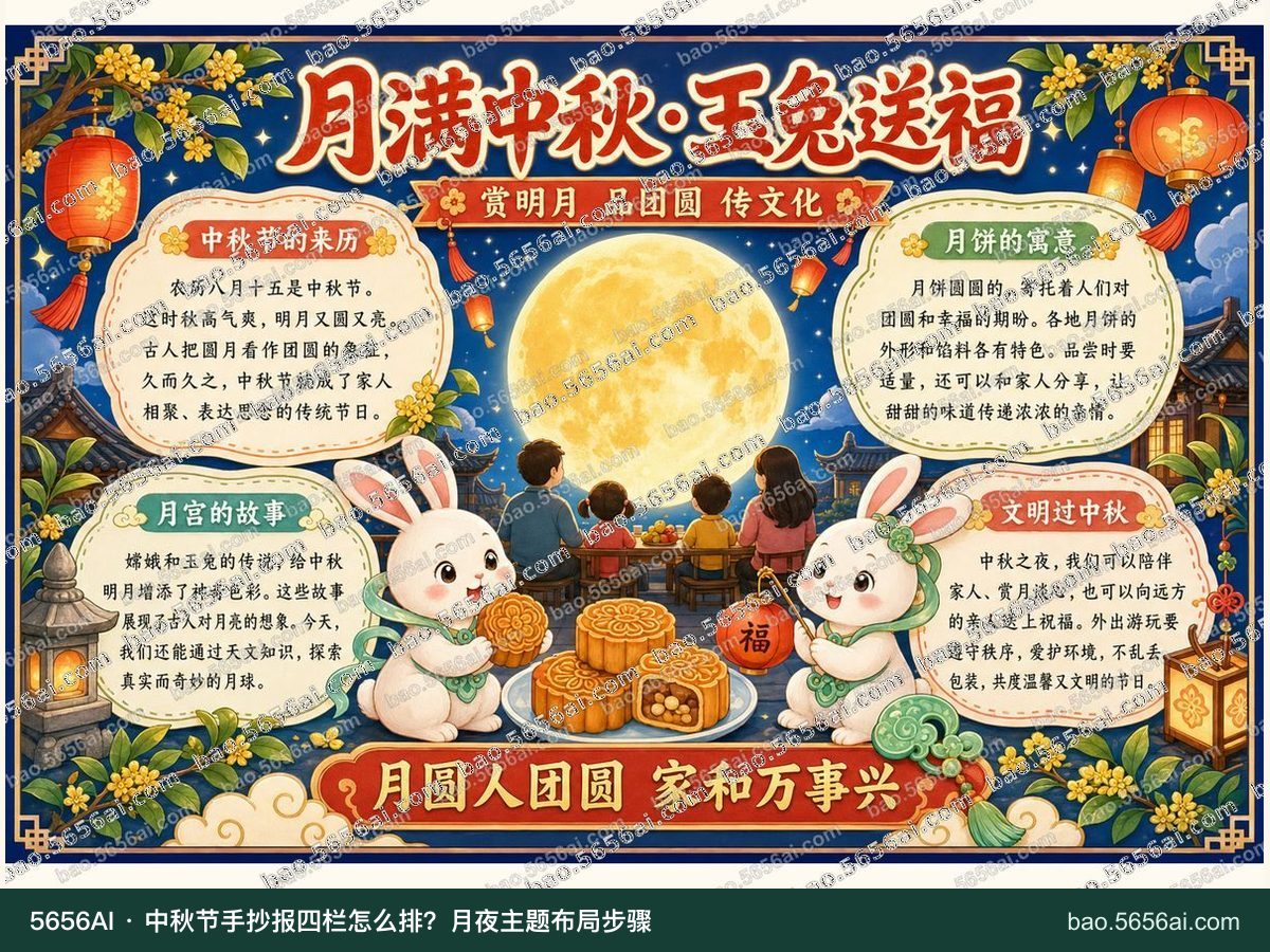月满中秋·玉兔送福彩色成品低清带水印预览,配套指南:中秋节手抄报四栏怎么排?月夜主题布局步骤